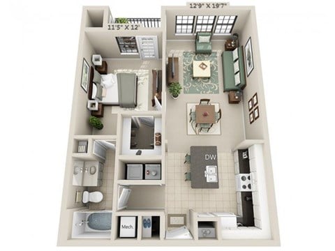 Floor plan for 1 bed, 1 bath, 770 sqft
